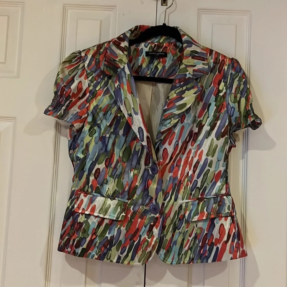 Mario Serrani  Made in Italy paisley rain print silky collar top Sz 12